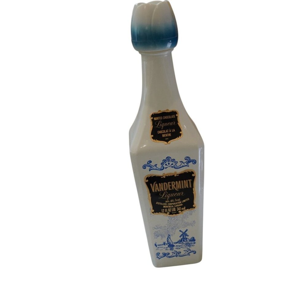 Vintage Vandermint Delft Windmill Tulip Blue White Milk Glass Liqueur Bottle Hol